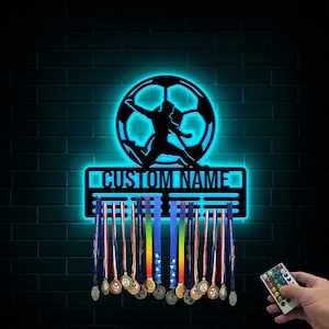 Custom Soccer Medal Hanger with Led Light, Sports Medal Holder Display Rack for Awards and Ribbons, Tiered Award Rack, Soccer Player Gift