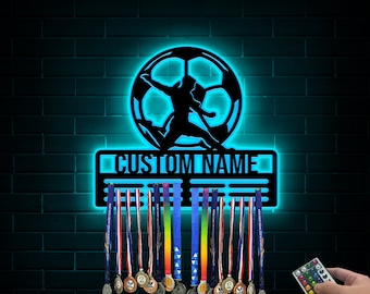 Custom Soccer Medal Hanger with Led Light, Sports Medal Holder Display Rack for Awards and Ribbons, Tiered Award Rack, Soccer Player Gift