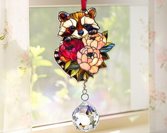 Raccoon Suncatcher with Crystal, Floral Wildlife Ornament