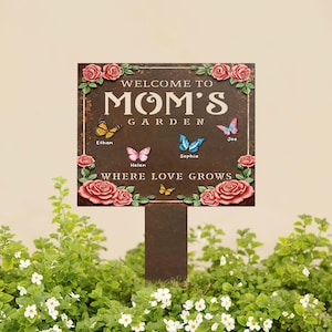 Personalized Mom’s Garden Sign, Custom Metal Garden Stake with Butterflies, Family Yard Decor, Outdoor Mother’s Day Gift, Nana&#39;s Blessings