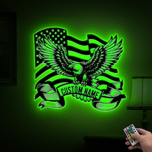 Custom Eagle US Flag Metal Sign with Lights, Metal Flag Wall Art, Fourth of July Independence Day, Patriotic Gift, American Flag Wall Decor