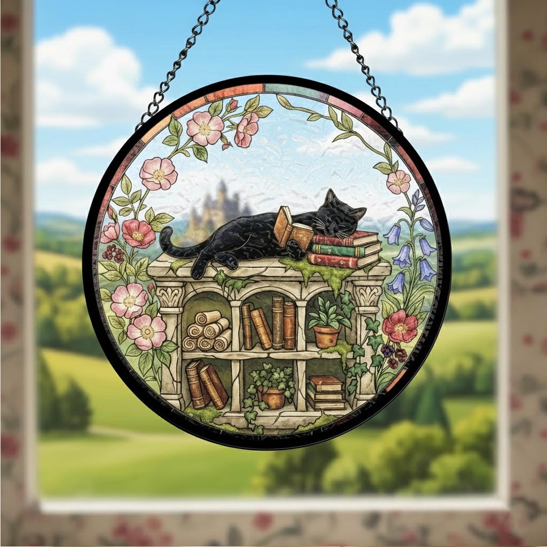 Black Cat Floral Stained Glass Suncatcher, Reading on Books - Etsy