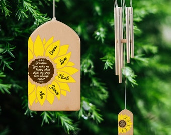 Personalized Sunflower Wind Chimes, You Make Me Happy, Kids Name Sign, Mother's Day Gift, Family Wind Chime, Gift for Grandma, Mom Gift