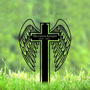 Personalized Cross With Angel Wings Memorial Metal Stake, Sympathy Sign, Grave Marker, Remembrance Stake, Garden Decor, Cross Sign