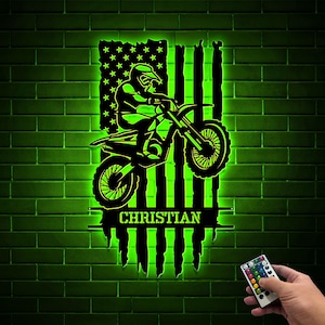 Personalized US Flag Biker Metal Sign With Light, Dirt Bike Sign, Father&#39;s Day Gift, Birthday Gift, Man Cave Decor, Dirt Bike Lover
