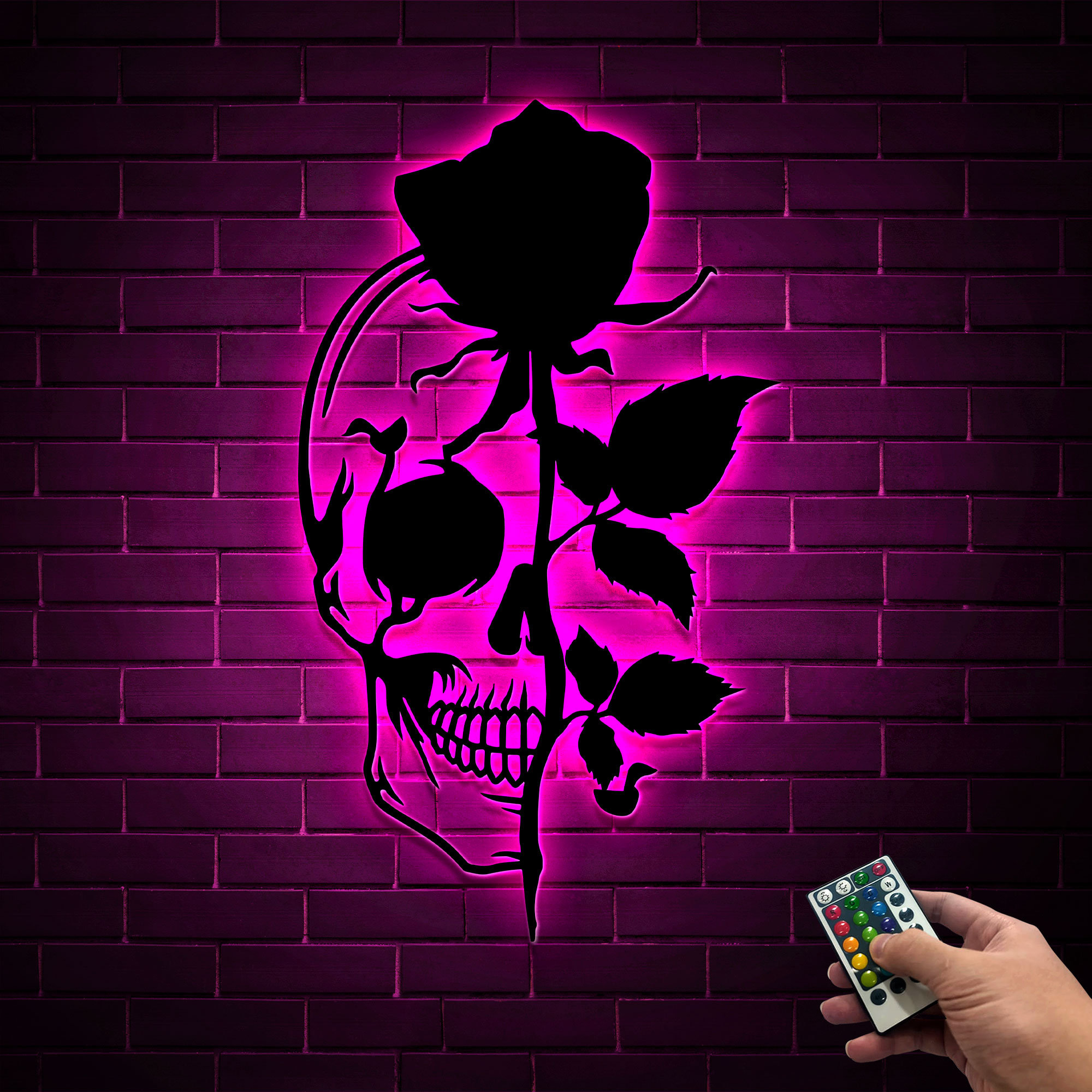 Skull With Rose Metal Wall Art With LED Lights, Flower Skull