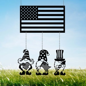 Gnomes With American Flag Metal Wind Chime, American Flag Sign, Gnomes, Gnomes Through Flag, USA Patriotic, 4th of July Decor