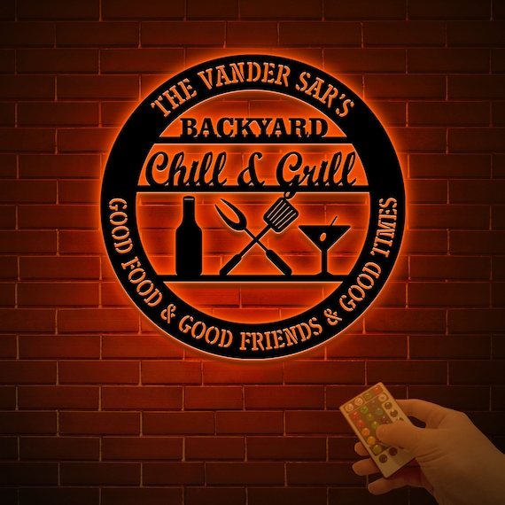 Personalized Bar & Grill Metal Sign With LED Light, Custom Backyard Chill And Grill, Backyard Patio Decor, Outdoor Bar Sign, Backyard Decor