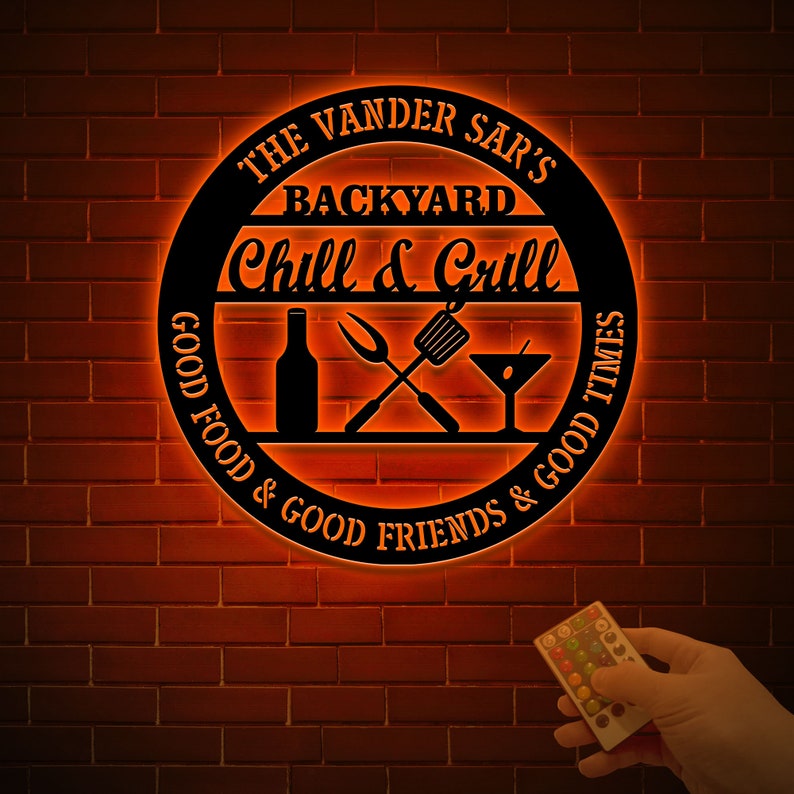 Personalized Bar & Grill Metal Sign With LED Light, Custom Backyard Chill And Grill, Backyard Patio Decor, Outdoor Bar Sign, Backyard Decor Bild 1