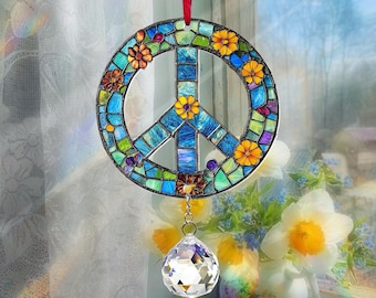 Floral Peace Sign Acrylic Suncatcher, Hippie Window Hanging with Crystal, Groovy Peace Ornament, Hippie Car Charm, Peace Symbol Decor