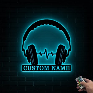 Custom Headphone Metal Wall Art with Led Lights, Game Room Decor, Studio Wall Art, Headphone Decor, Gamer Gift, DJ Gift, Headphone Name Sign