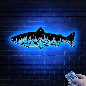 Salmon Mountain Metal Wall Art Led Light, Fishing Gifts for Men, Gift for Dad, Fish and Trees Sign, Cabin Lodge Decor, Fisherman Gift