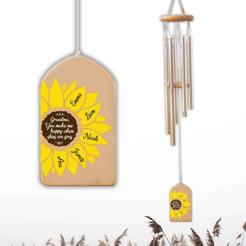 Personalized Sunflower Wind Chimes, You Make Me Happy, Kids Name Sign, Mother's Day Gift, Family Wind Chime, Gift for Grandma, Mom Gift image 5