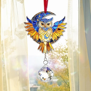 Owl Acrylic Suncatcher Crystal, Hanging Owl Window Decor, Owl Ornament, Owl Lover Gift, Bird Home Decor, Bird Lover Gift, Housewarming Gift