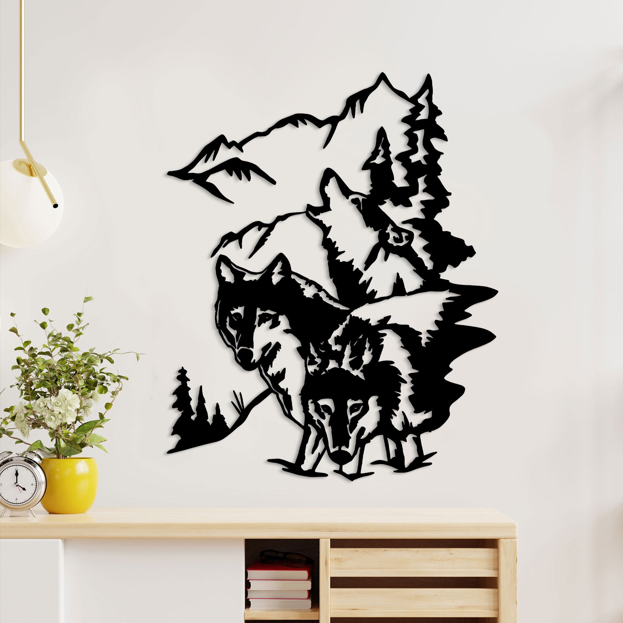 Howling Wolf Metal Sign Wall Art With Led Lights, Mountain Wall Art ...
