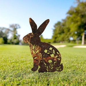 Rusty Bunny Metal Sign, Garden Decor, Rabbit Stake, Vintage Sign, Flower Bunny, Outdoor Sign, Unique Gift, Bunny Silhouette, Rusted Yard Art
