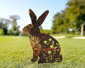 Rusty Bunny Metal Sign, Garden Decor, Rabbit Stake, Vintage Sign, Flower Bunny, Outdoor Sign, Unique Gift, Bunny Silhouette, Rusted Yard Art