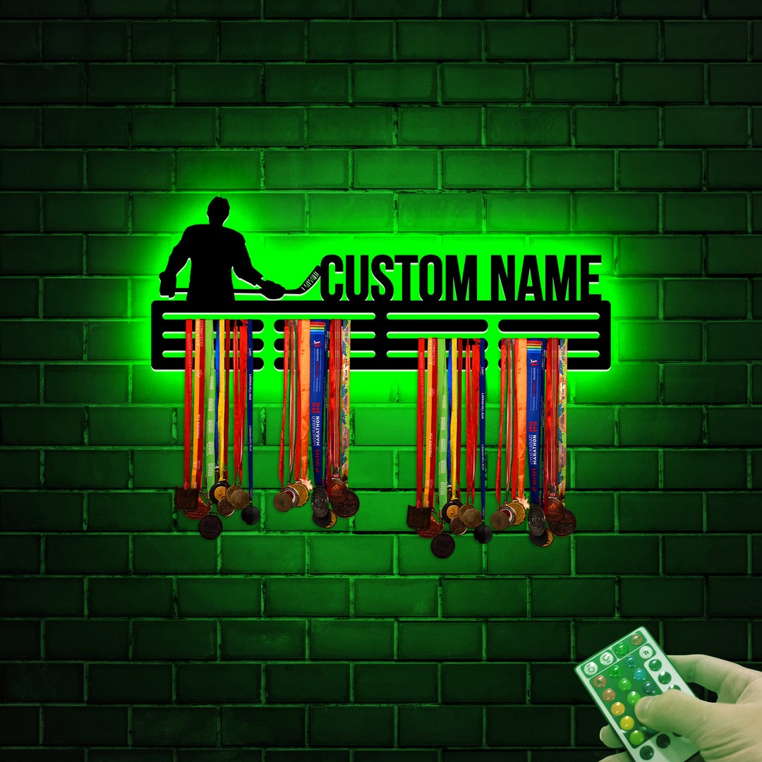 Custom Hockey Medal Hanger, Metal Wall With LED Light, Hockey Gift