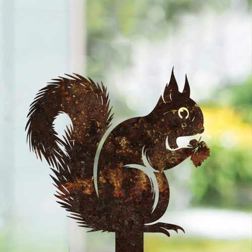 Rusty Squirrel Metal Sign, Garden Decor, Squirrel Stake, Vintage Sign, Cute Squirrel, Outdoor Sign, Squirrel Silhouette, Rusted Yard Art