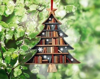 Christmas Book Tree 2D Wood Ornament, Christmas Tree Book Gift, Book Lover Gift, Book Club Ornament, Bookish Ornament, Book Exchange Gift