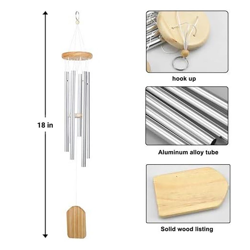 May include: An 18-inch wind chime with aluminum tubes and a wooden top and bottom. The chime has a hook for hanging and is made of solid wood.