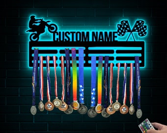 Custom Dirt Bike Racing Medal Hanger with Led Light, Medal Holder Display Rack for Awards and Ribbons, Tiered Award Rack, Motocross Gift