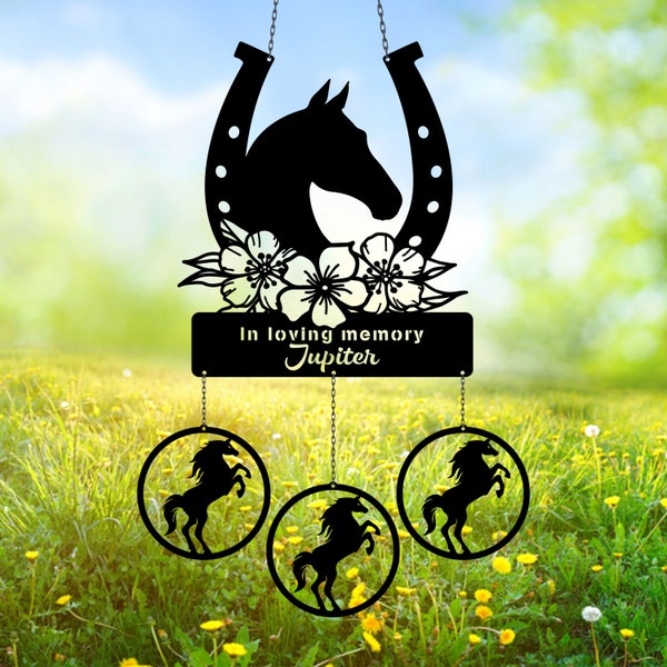 Flower Horse Metal Wind Chime, Custom Sign, Memorial Wind Chime, Sympathy Sign, Horse Lover, Horse Loss, Horse Shoes Sign, Floral Horse