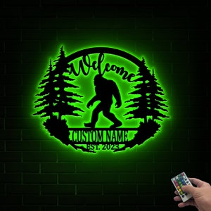 Personalized Bigfoot metal wall, Custom family name Big foot, Sasquatch wall art decor, Forest bigfoot scene, Unique Gift, House Decor