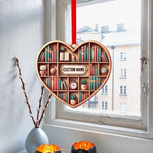 Custom Bookshelf Ornament, Wood Christmas Ornament, Book Lover Gift, Christmas Tree Decor, Bookish Gift Bookworm Gift Librarian Gift