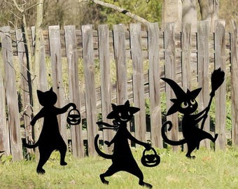 Halloween Cat Trio Metal Yard Sign, Dancing Witch Cats Decor