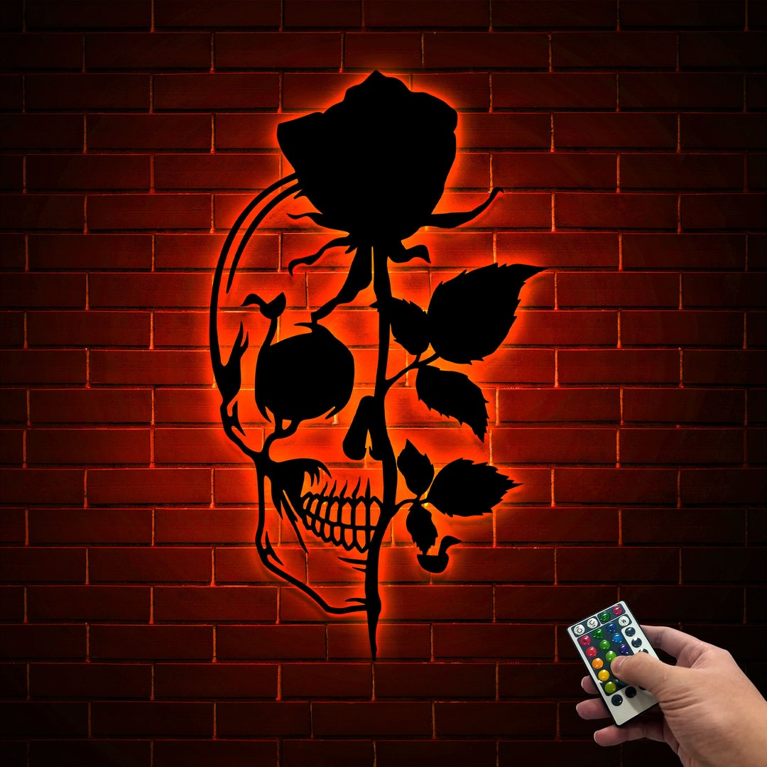 Skull With Rose Metal Wall Art With LED Lights, Flower Skull