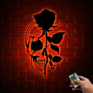 Skull With Rose Metal Wall Art With LED Lights, Flower Skull Signs, Sugar Skull, Skeleton Decor, Halloween Gothic Decor, Skull Roses Decor