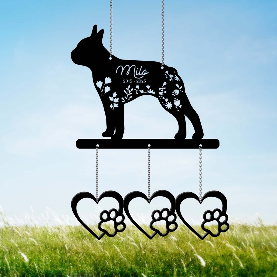 Flower Boston Terrier Metal Wind Chime, Custom Sign, Memorial Wind