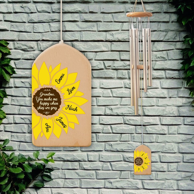 Personalized Sunflower Wind Chimes, You Make Me Happy, Kids Name Sign, Mother's Day Gift, Family Wind Chime, Gift for Grandma, Mom Gift image 2