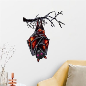 Halloween Bat Hanging Metal Sign, Spooky Upside-Down Bat Wall & Door Decor, Spooky Bat and Spiderweb Hanging, Perfect Gift for Halloween