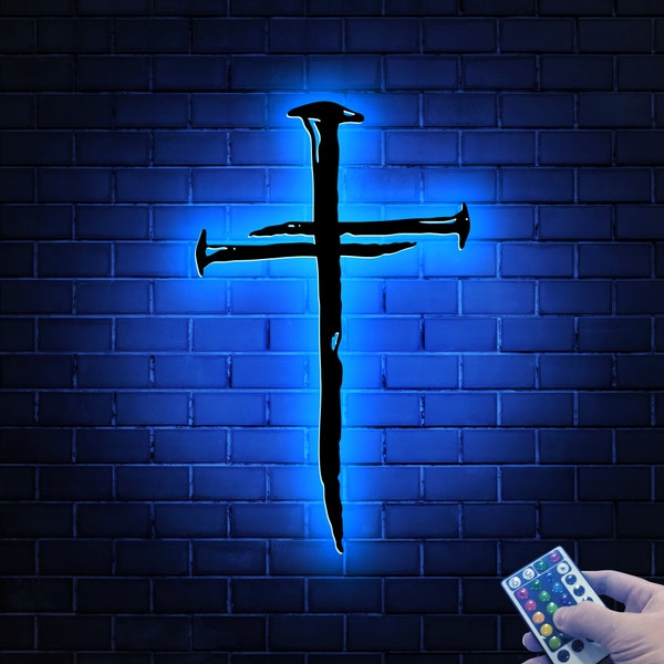 Three Crucifixion Nails Cross Metal Wall with Led Lights, Three Nails Cross Metal Wall Art, Christian Nail Cross Decor, Cross Wall Decor