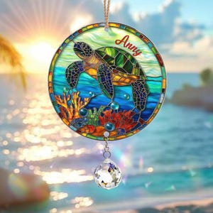 Acrylic Sea Turtle Suncatcher with Crystal, Turtle Acrylic Window Hanging, Turtle Lovers Gift, Marine Life Decor, Beach House Decor