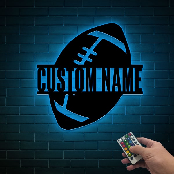 Football Metal Wall Art With LED Light, Personalized Football Player Name Sign, Sports Sign, Football Wall Decor Art, Football Team Gift