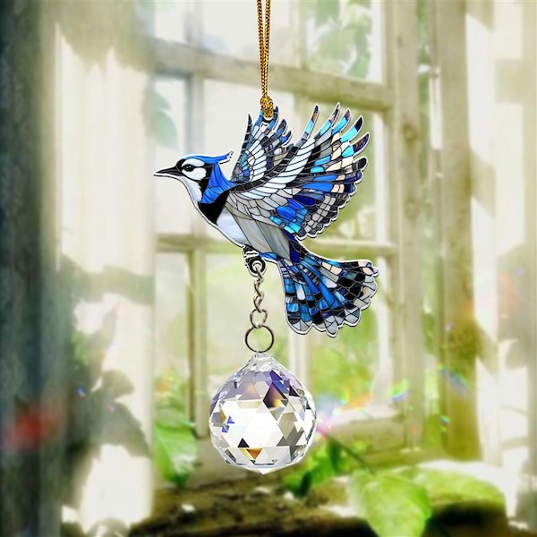 Atrapasol acrílico con forma de pájaro arrendajo azul y cristal, colgante para ventana, adorno para arrendajo azul, regalo para arrendajo azul, regalo para mamá, decoración de jardín