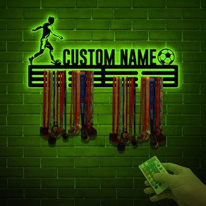 Custom Soccer Medal Hanger, Metal Wall With LED Light, Soccer, House Decor, Housewarming Gift, Wall Hanger, Gift For Soccer Player