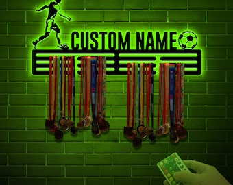 Custom Soccer Medal Hanger, Metal Wall With LED Light, Soccer, House Decor, Housewarming Gift, Wall Hanger, Gift For Soccer Player