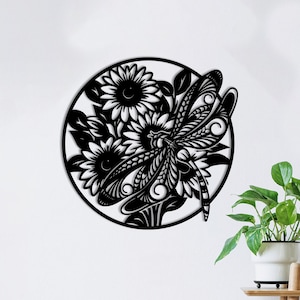 Floral Dragonfly Metal Wall Art with LED Lights, Magic Dragonflies, Boho Dragonfly Garden Metal Sign, Dragonfly Monogram, Home Decor