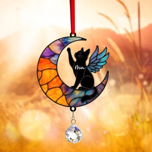 Cat Acrylic Suncatcher Crystal Personalized, Cat and Moon Memorial Gift, Cat Window Hanging, Pet Loss Gift, Cat Lover Gift, Cat with Wings
