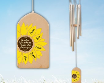 Personalized Sunflower Wind Chimes, You Make Me Happy, Kids Name Sign, Mother's Day Gift, Family Wind Chime, Gift for Grandma, Mom Gift