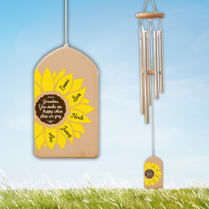 Personalized Sunflower Wind Chimes, You Make Me Happy, Kids Name Sign, Mother's Day Gift, Family Wind Chime, Gift for Grandma, Mom Gift image 1