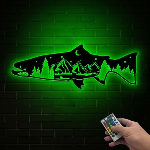 Steelhead Mountain Metal Wall Art Led Light, Fishing Gifts for Men, Gift for Dad, Fish and Trees Sign, Cabin Lodge Decor, Fisherman Gift