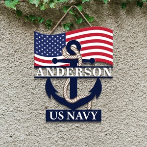 Personalized Wood Anchor Sign, Navy Logo Sign, USA Flag Sign, Custom Name, Navy House Sign, Gift For Veteran, House Decor, Independence Day