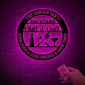 Personalized Bar & Grill Metal Sign With LED Light, Custom Backyard Chill And Grill, Backyard Patio Decor, Outdoor Bar Sign, Backyard Decor Bild 9