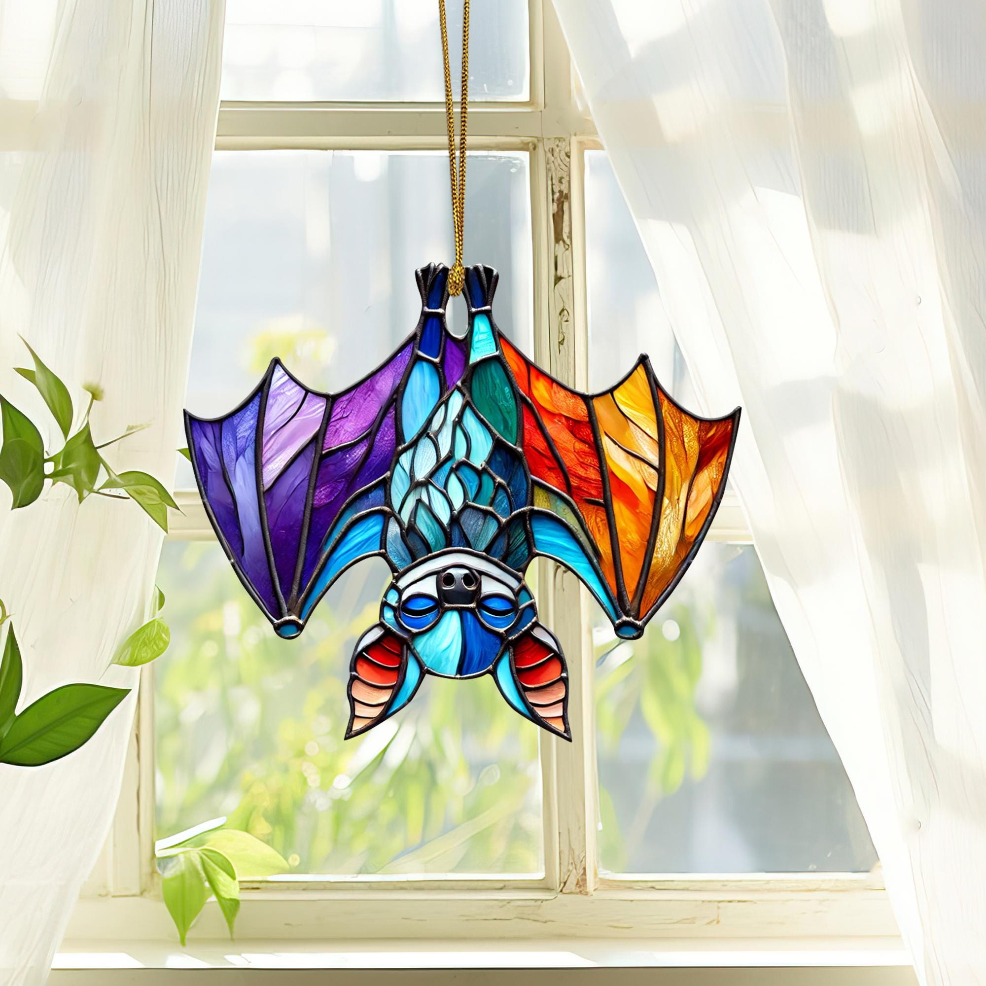 Upside Down Bat Colorful Ornament Suncatcher, Acrylic Bat Halloween ...