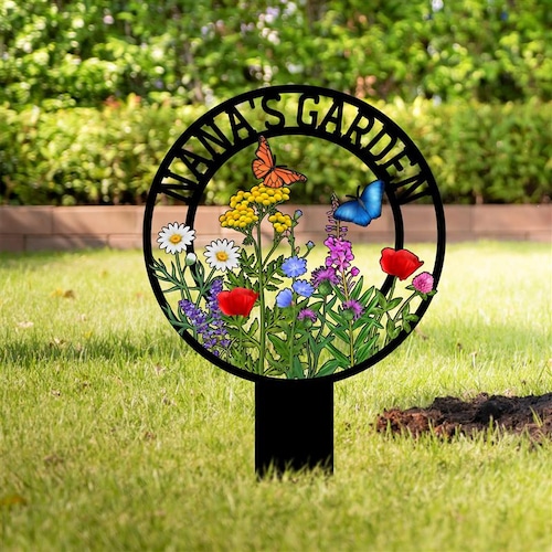 Personalized Garden Metal Sign With Stake, Custom Garden Name Sign, Garden Flower Sign, Metal Yard Art, Housewarming Gift, Mother's Day Gift